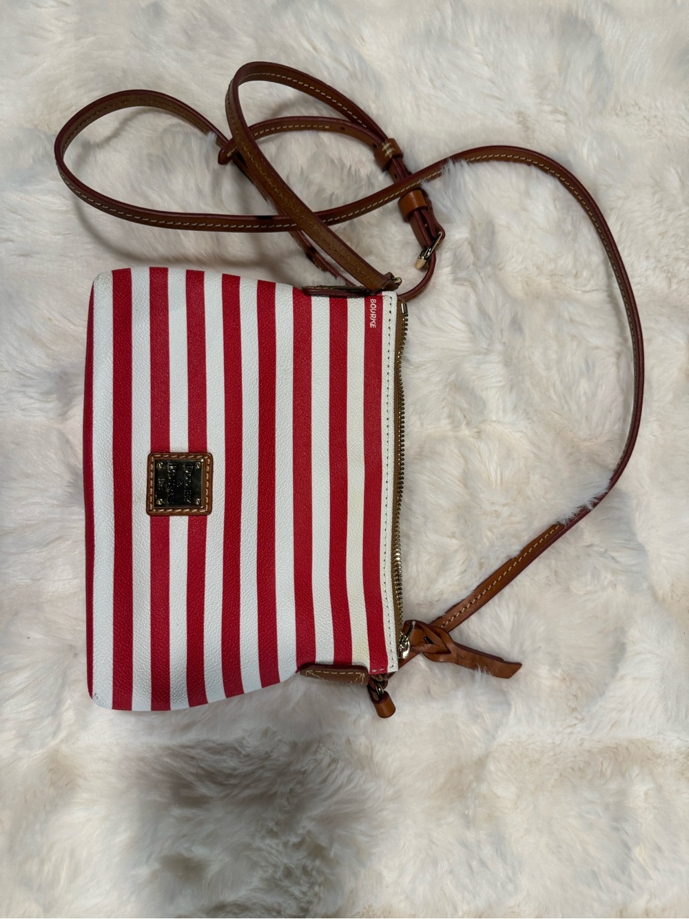 Dooney & Bourke Red & White Striped Crossbody with Tan Leather Trim